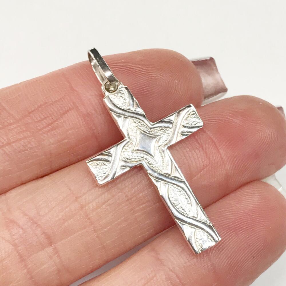 Vintage Italy 925 Sterling Silver Cross Necklace Pendant Pebbled Textured Star - Picture 6 of 9